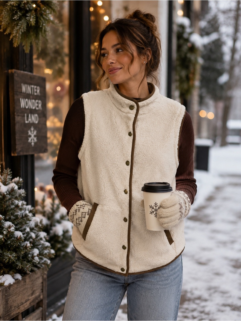 Sherpa Fleece Vest Cream Brown Trim Snap Front
